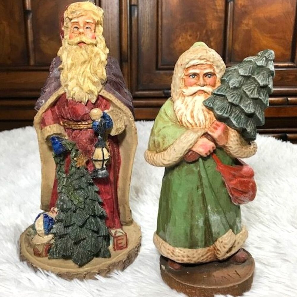 Set of 2 Vintage Olde World '1903 Italy' Carved Heavy Resin Santa Statues